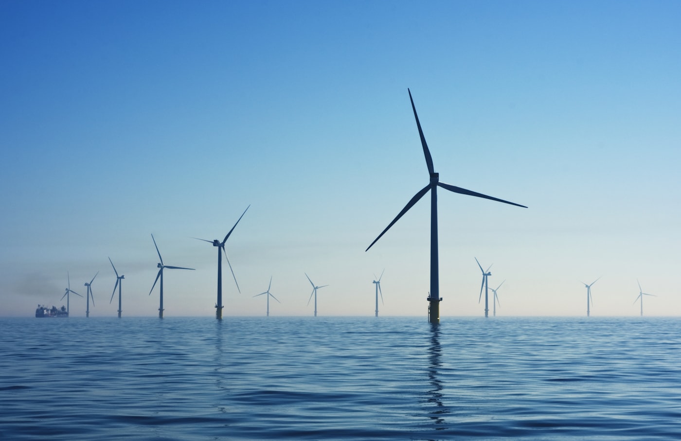 An offshore wind farm in calm water